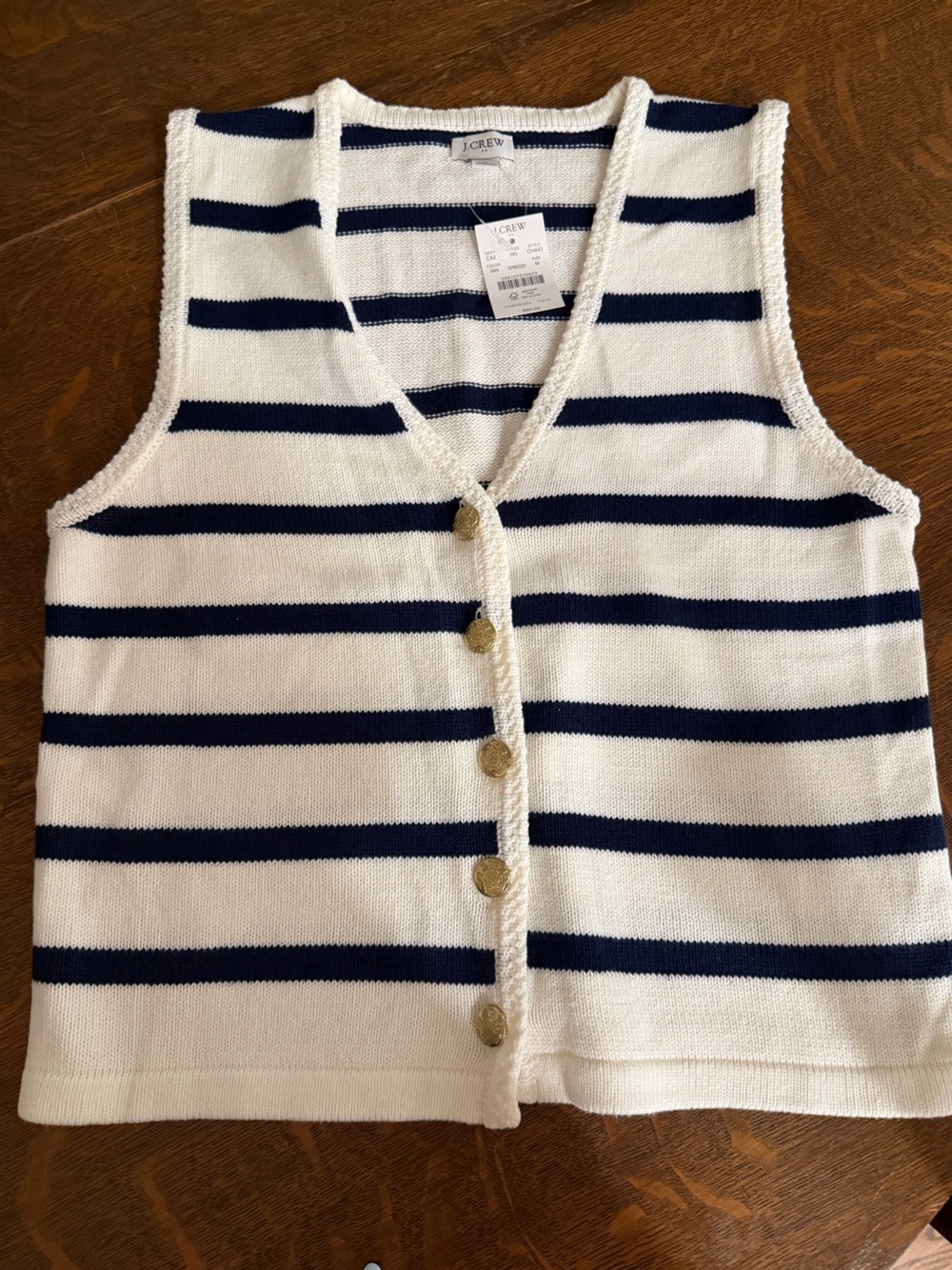 J.Crew Navy & Ivory Striped Gold Button Sweater Vest – NWT, Size Medium